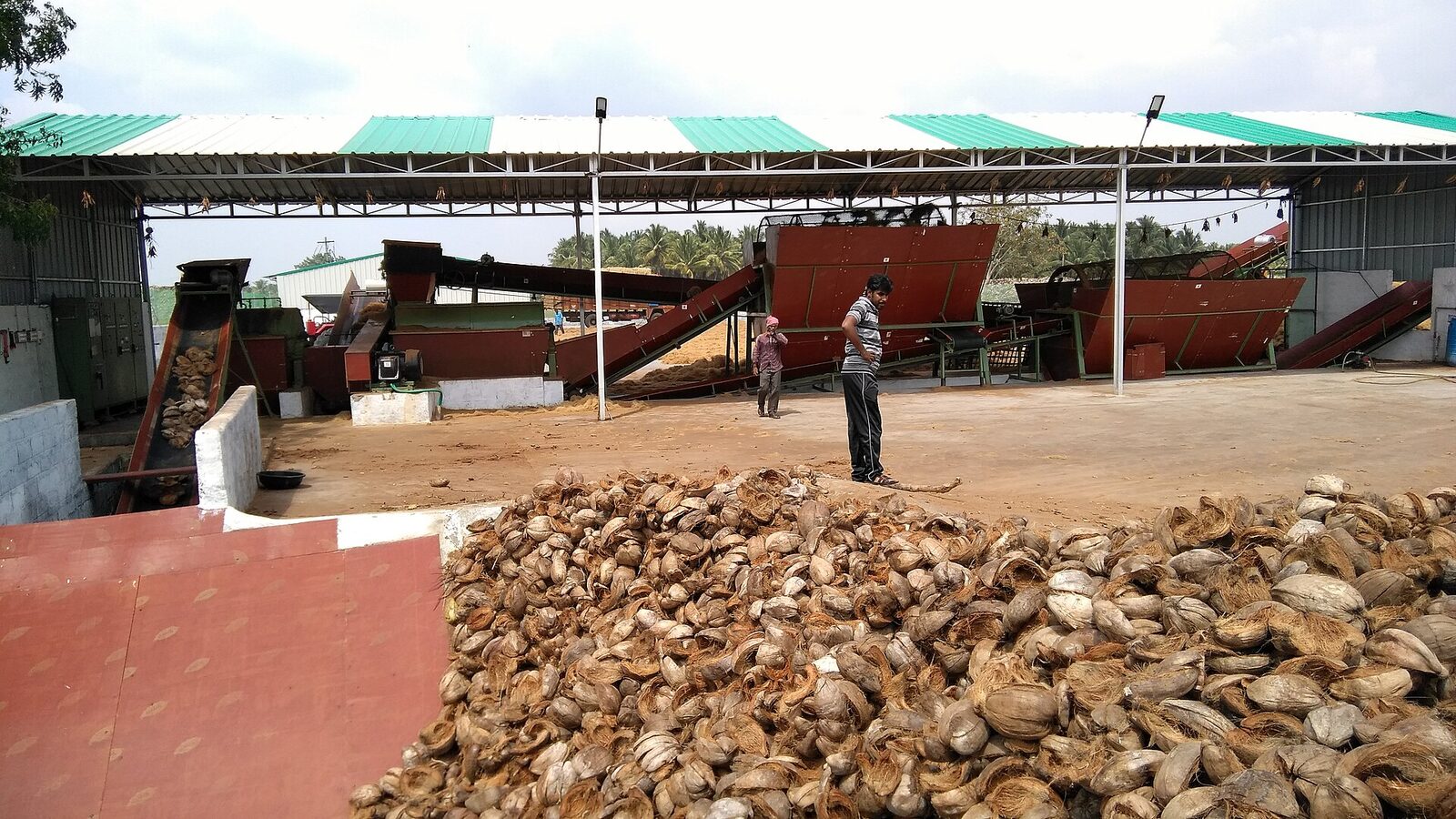 Pile of coconut husks at a coir pith processing unit in India